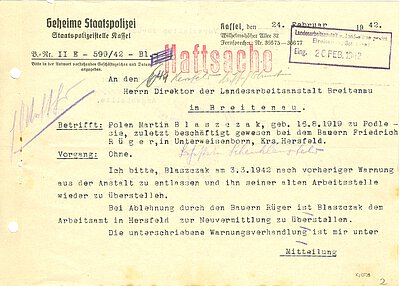 Auszug aus der Fallakte von Marcin Blaszczak (LWV-Archiv, K2 Nr. 4967).