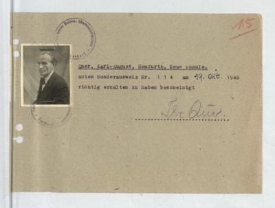 Sonderausweis von Karl-August Quer vom 19.10.1948 (HStAM, 180 Nr. 3041, Bl. 15).